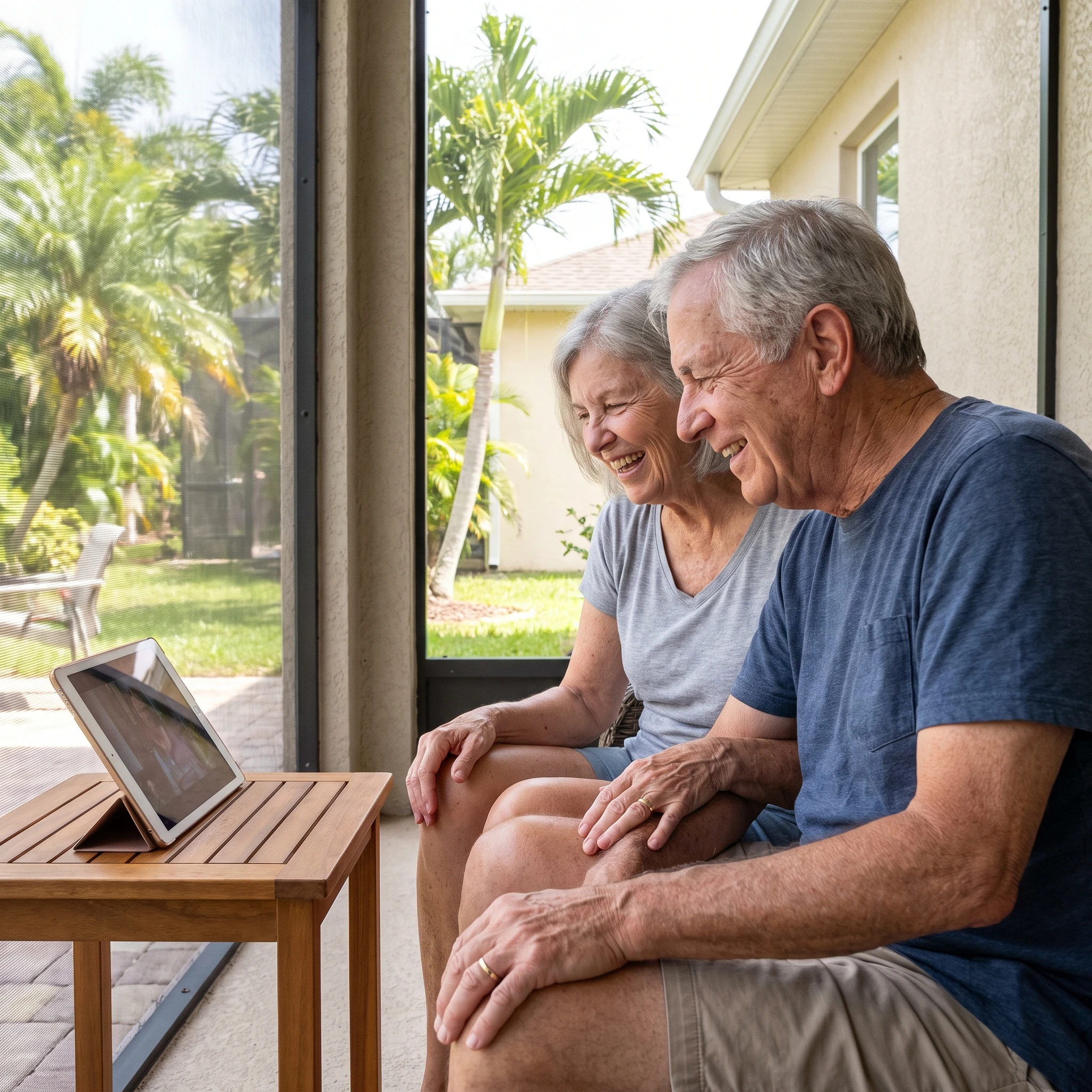 Retired couple streaming on a Florida lanai