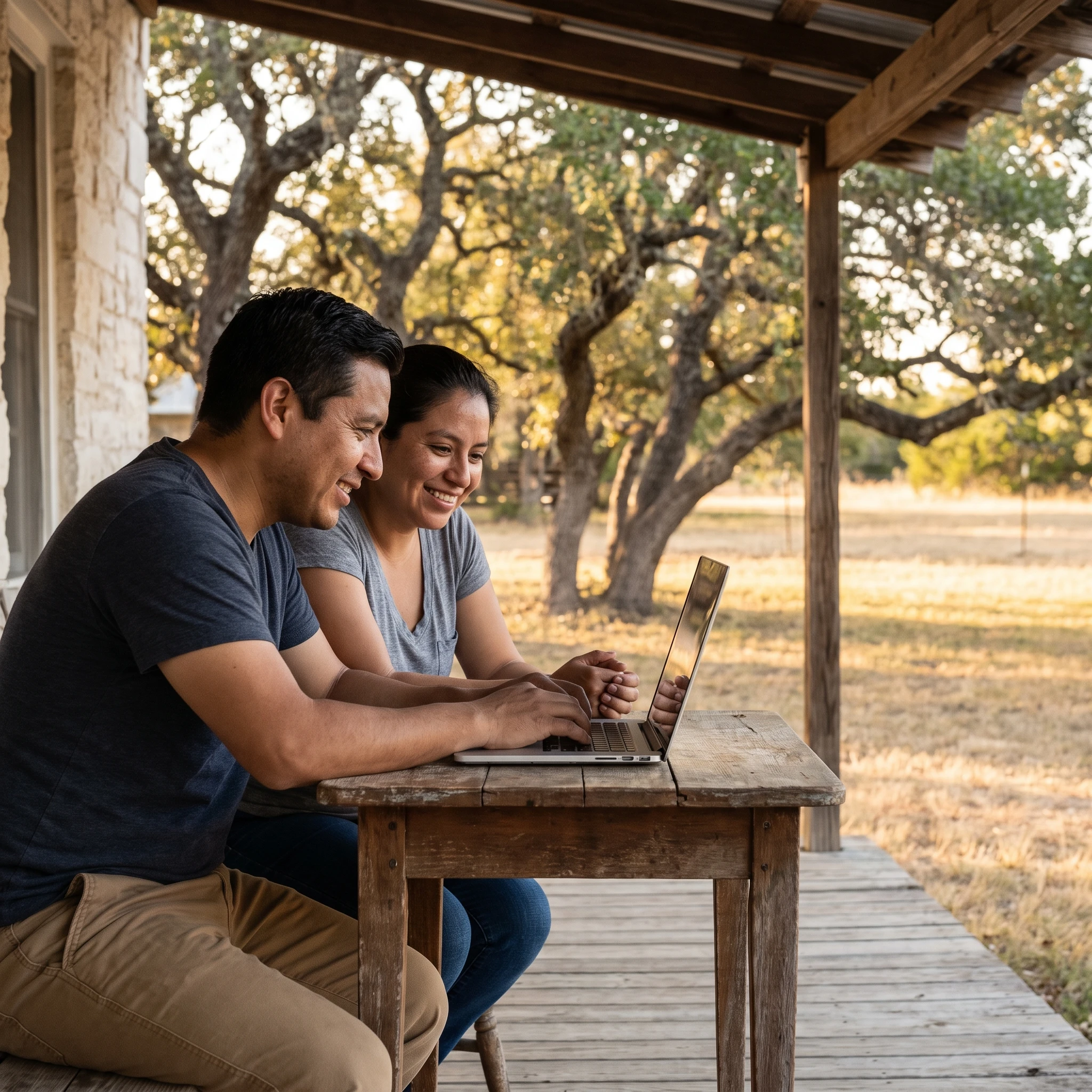 Couple on a Texas porch on a video call